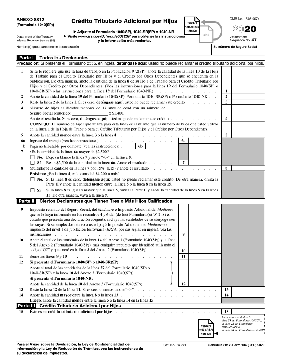 IRS Formulario 1040(SP) Anexo 8812 Credito Tributario Adicional Por Hijos (Spanish), Page 1