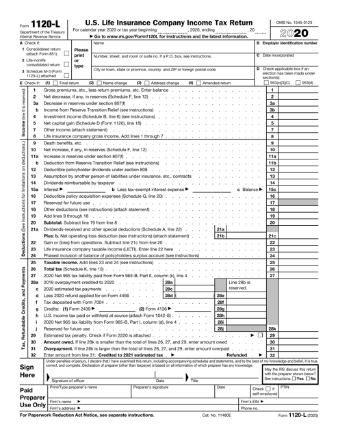 IRS Form 1120-L 2020 Printable Pdf
