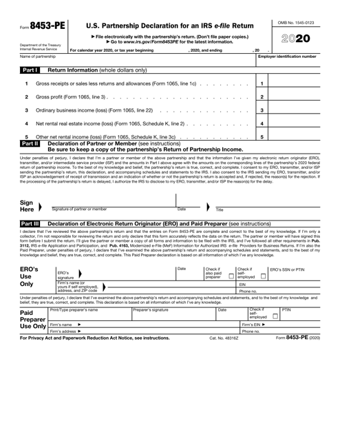 IRS Form 8453-PE 2020 Printable Pdf