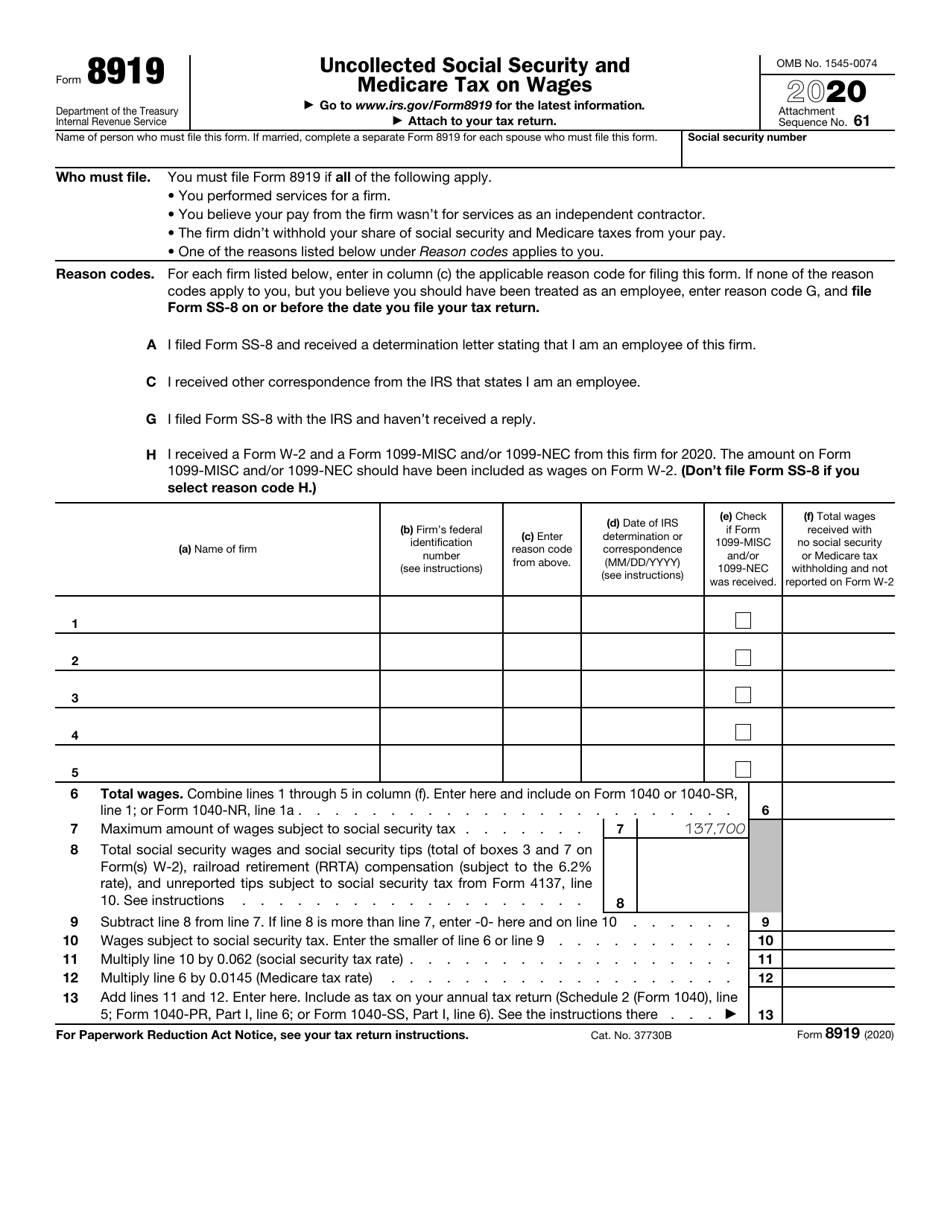 IRS Form 8919 Uncollected Social Security and Medicare Tax on Wages, Page 1