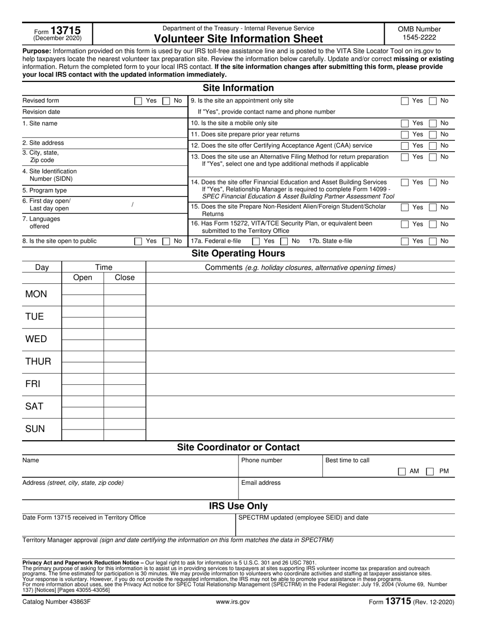 IRS Form 13715 Download Fillable PDF or Fill Online Volunteer Site ...