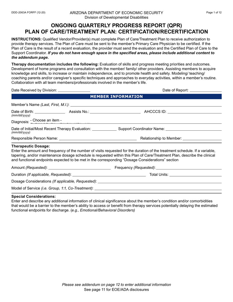 Form DDD-2063A Ongoing Quarterly Progress Report (Qpr) Plan of Care / Tratment Plan: Certification / Recertification - Arizona, Page 1