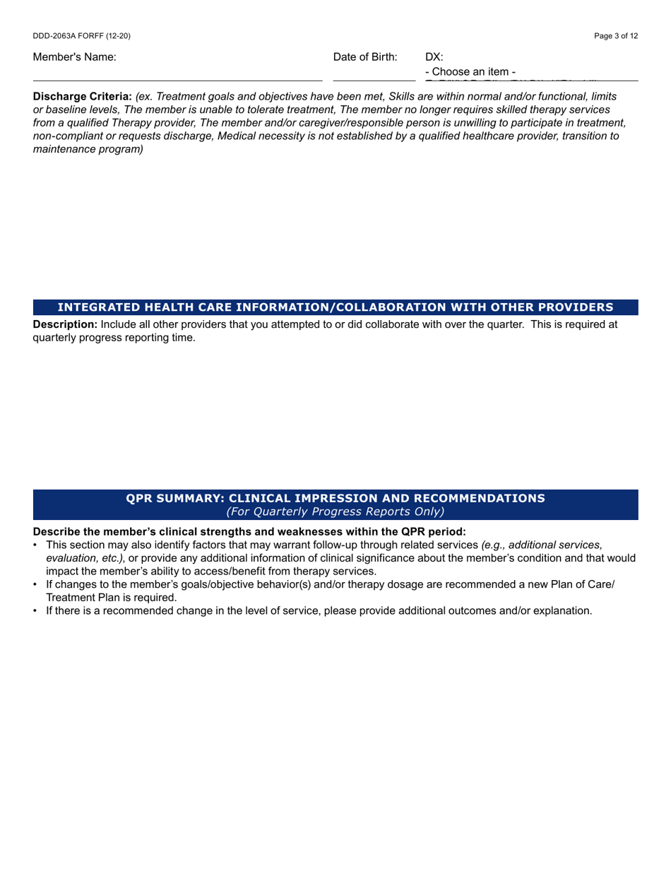 Form DDD-2063A Ongoing Quarterly Progress Report (Qpr) Plan of Care / Tratment Plan: Certification / Recertification - Arizona, Page 3