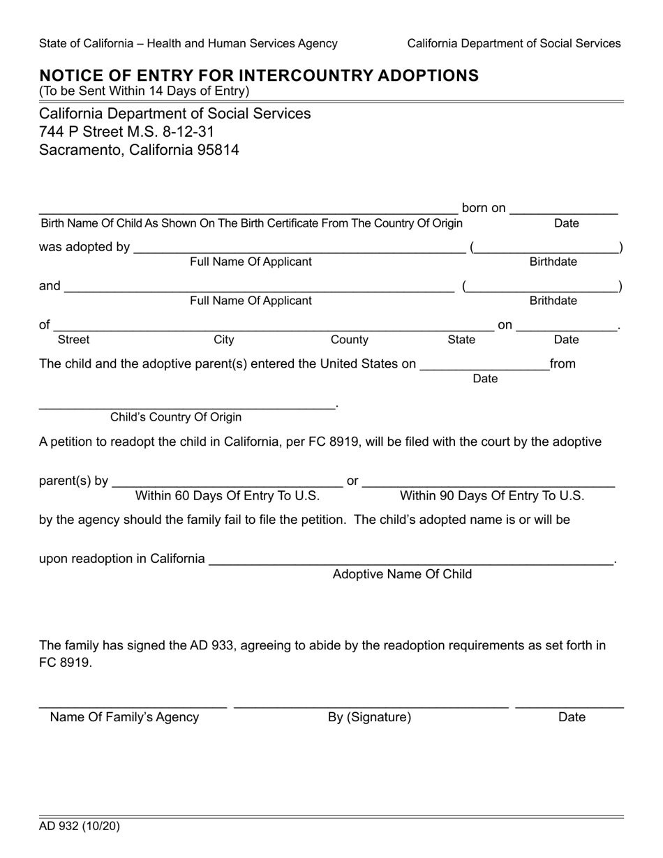 Form AD932 Notice of Entry for Intercountry Adoptions - California, Page 1