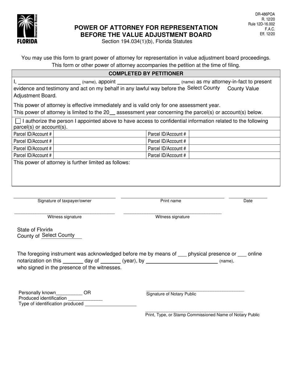 Form DR-486POA Power of Attorney for Representation Before the Value Adjustment Board - Florida, Page 1