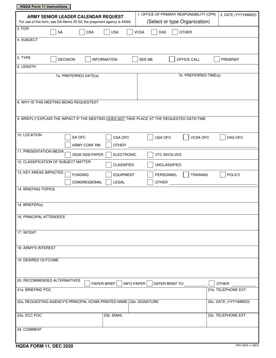 HQDA Form 11 Army Senior Leader Calendar Request, Page 1
