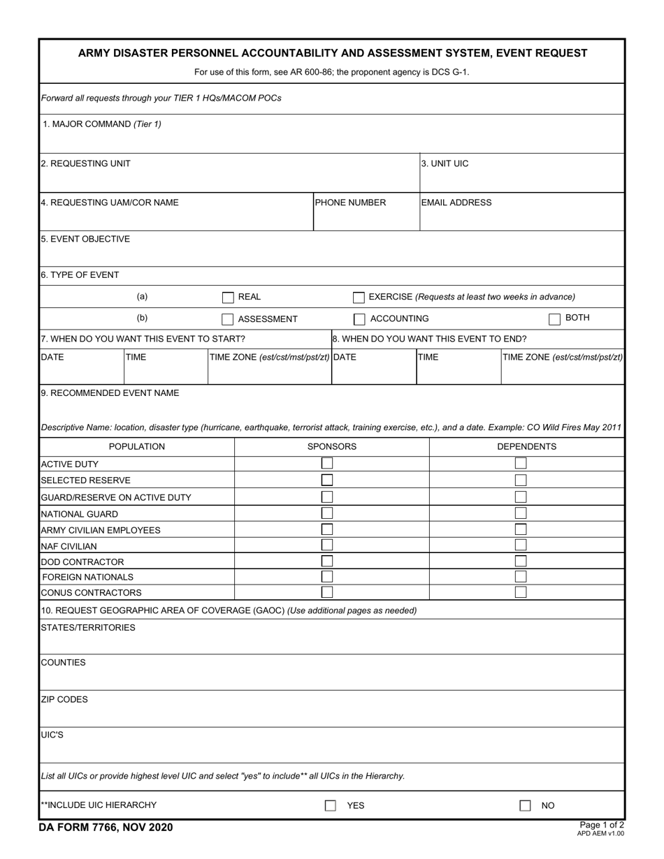 DA Form 7766 Download Fillable PDF Or Fill Online Army Disaster ...