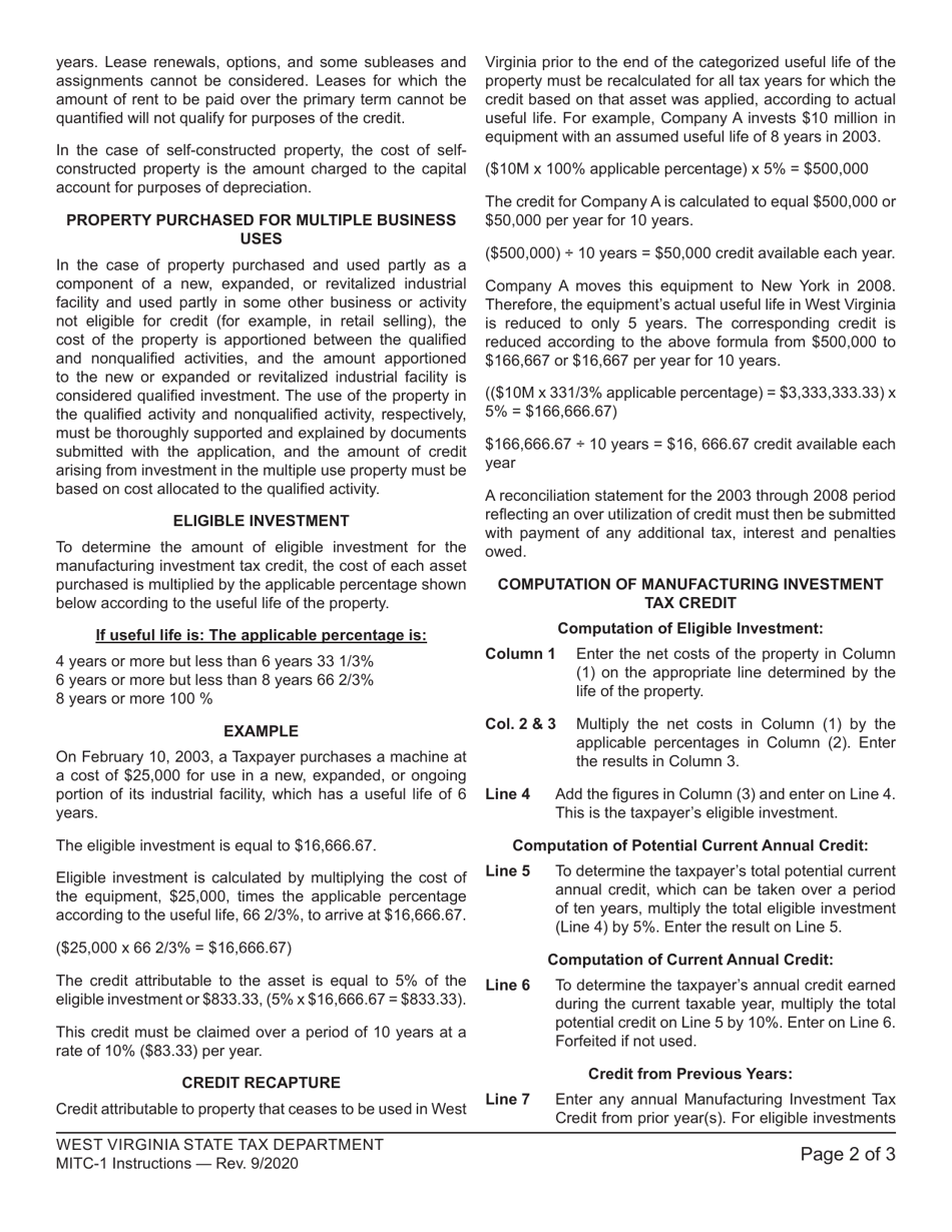 Instructions for Schedule WV / MITC-1 Credit for Manufacturing Investment - West Virginia, Page 2