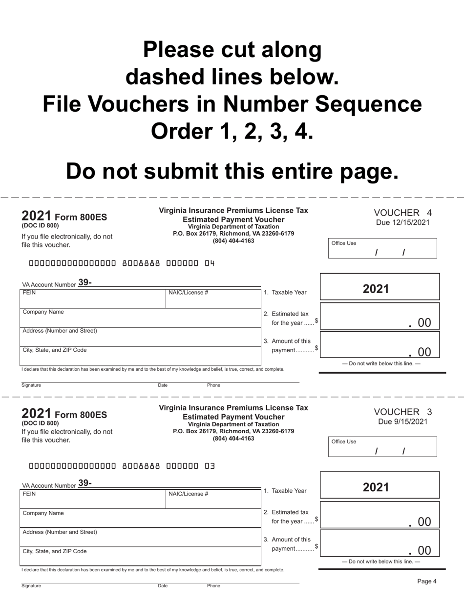 Form 800ES Virginia Insurance Premiums License Tax Estimated Tax Payment Vouchers - Virginia, Page 5