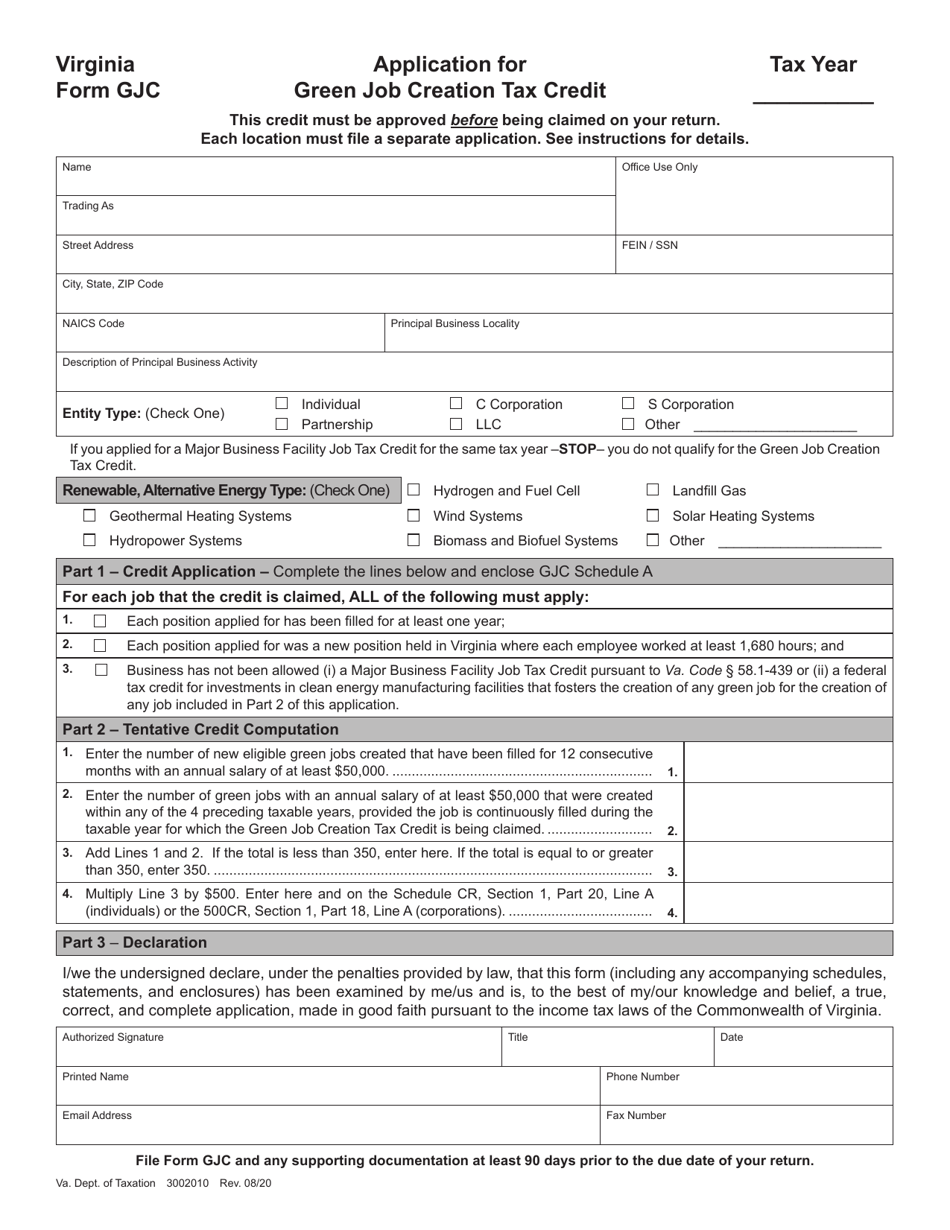 Form GJC Application for Green Job Creation Tax Credit - Virginia, Page 1