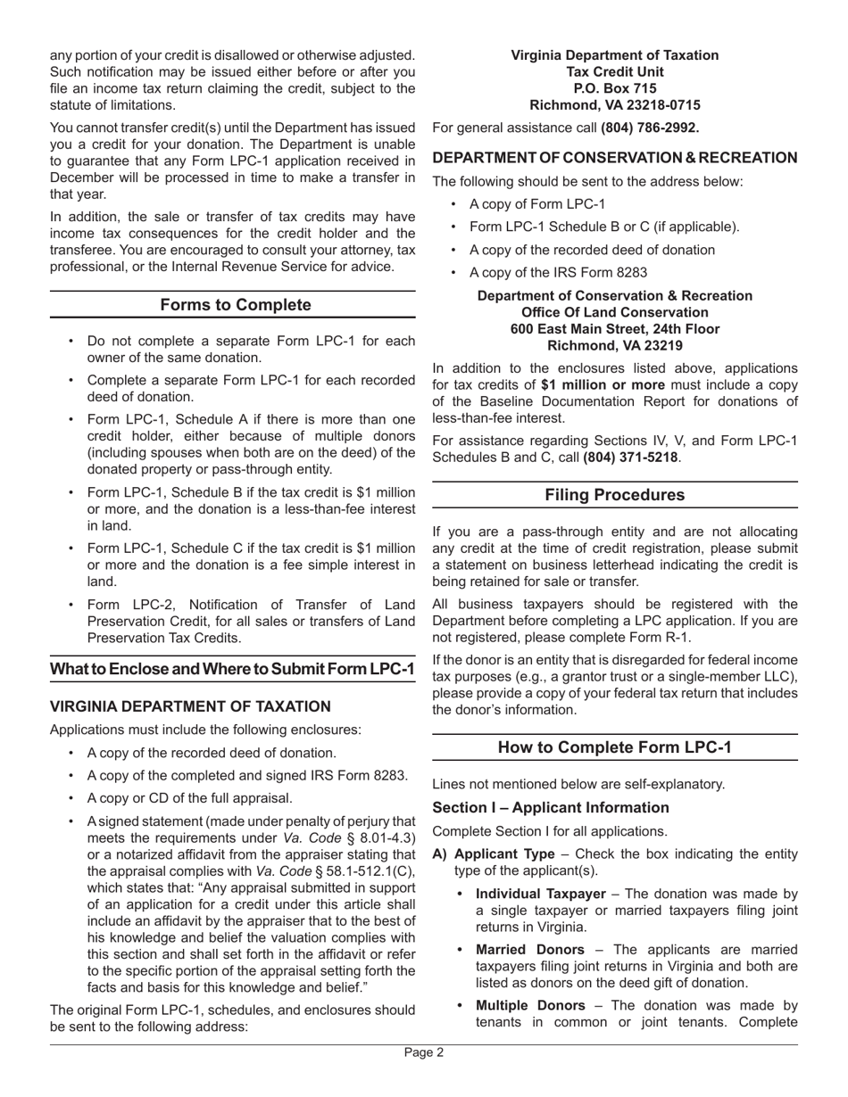 Instructions for Form LPC-1 Application for a Land Preservation Credit - Virginia, Page 2