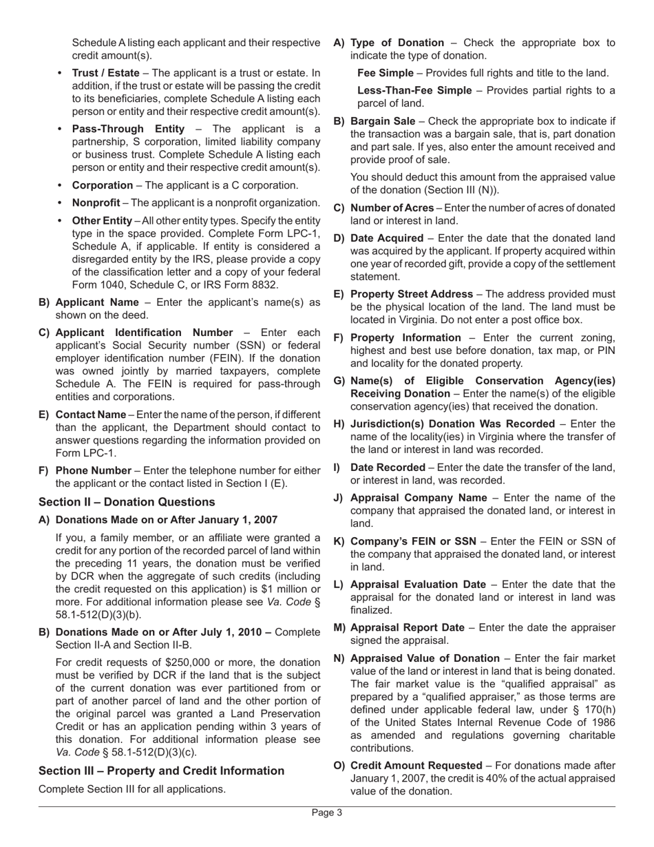 Instructions for Form LPC-1 Application for a Land Preservation Credit - Virginia, Page 3