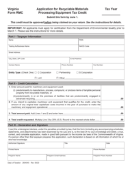 Form RMC Application for Recyclable Materials Processing Equipment Tax Credit - Virginia