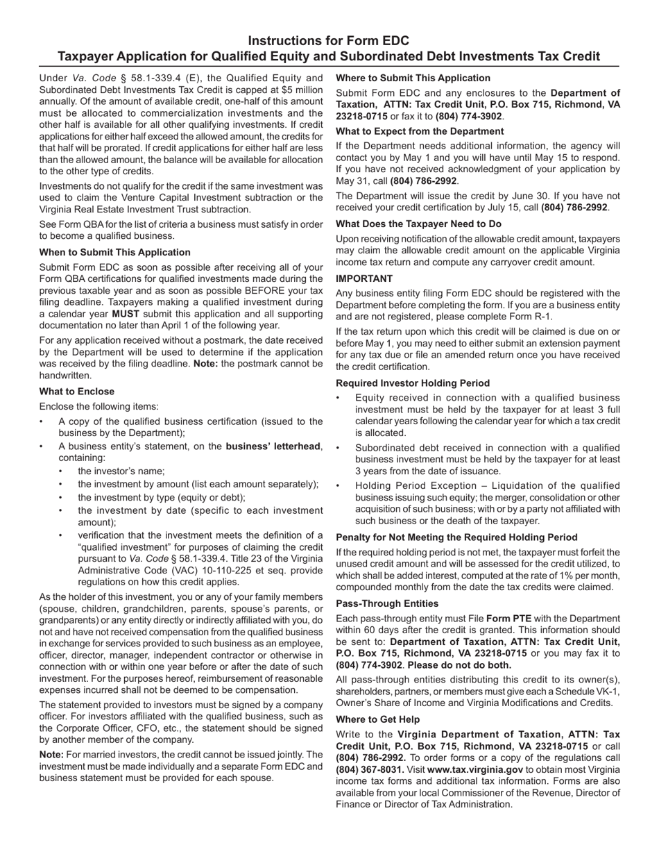 Form EDC Taxpayer Application for the Qualified Equity and Subordinated Debt Investments Tax Credit - Virginia, Page 2