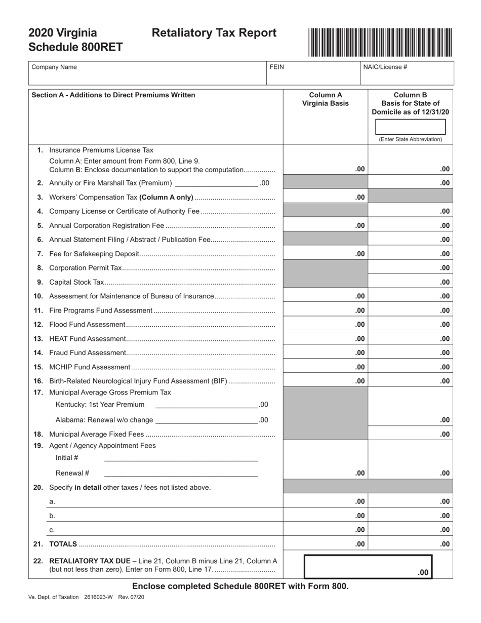 Schedule 800RET Retaliatory Tax Report - Virginia, Page 1