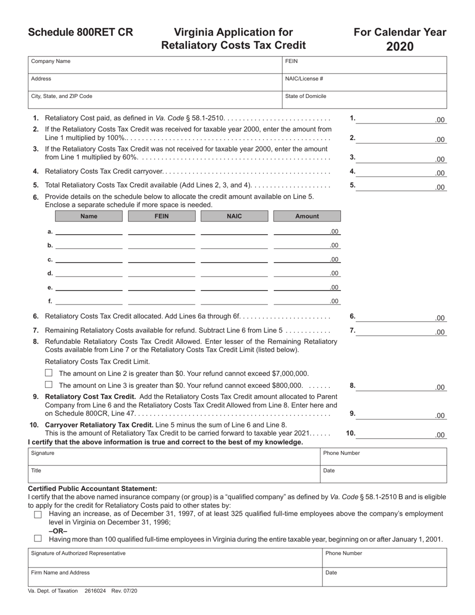 Schedule 800RET CR Virginia Application for Retaliatory Costs Tax Credit - Virginia, Page 1