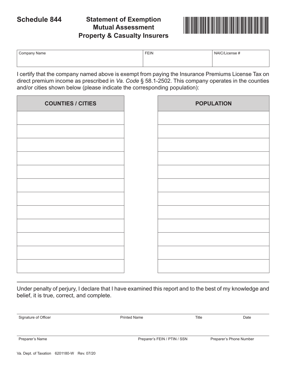 Schedule 844 Statement of Exemption Mutual Assessment Property  Casualty Insurers - Virginia, Page 1