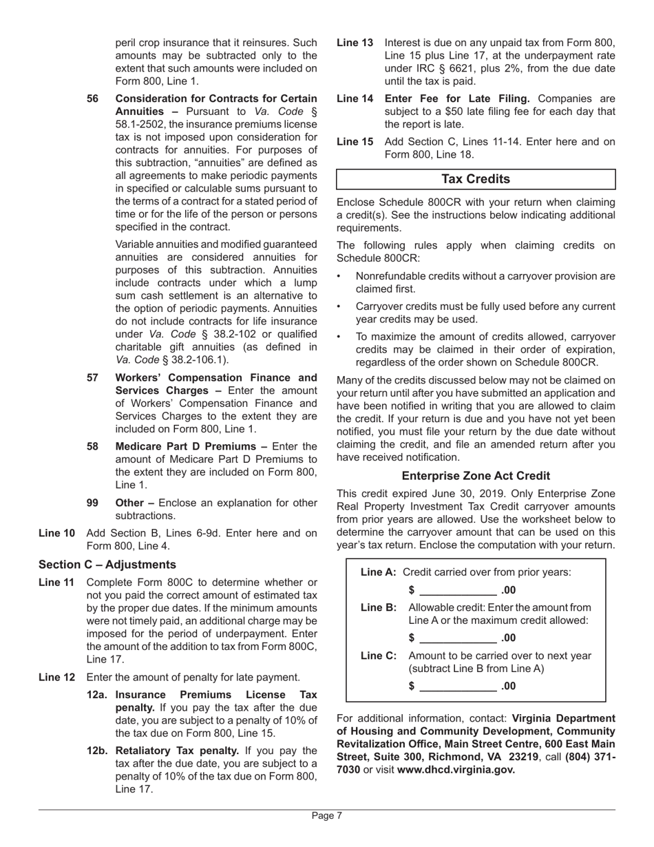 Instructions for Form 800 Virginia Insurance Premiums License Tax Return - Virginia, Page 11
