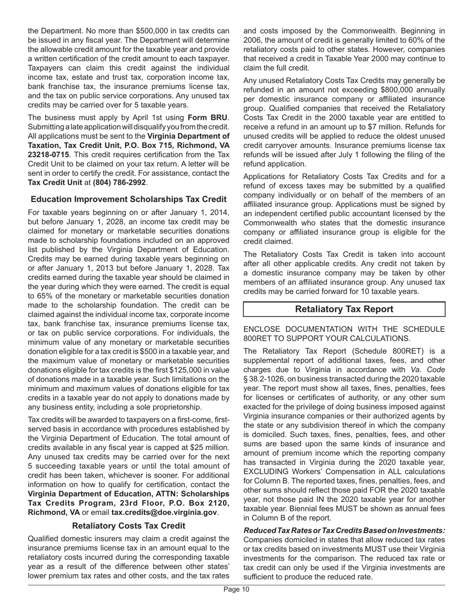 Instructions for Form 800 Virginia Insurance Premiums License Tax Return - Virginia, Page 14