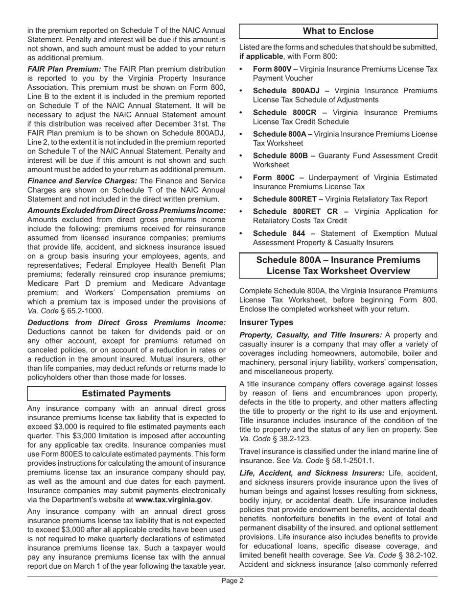 Instructions for Form 800 Virginia Insurance Premiums License Tax Return - Virginia, Page 6
