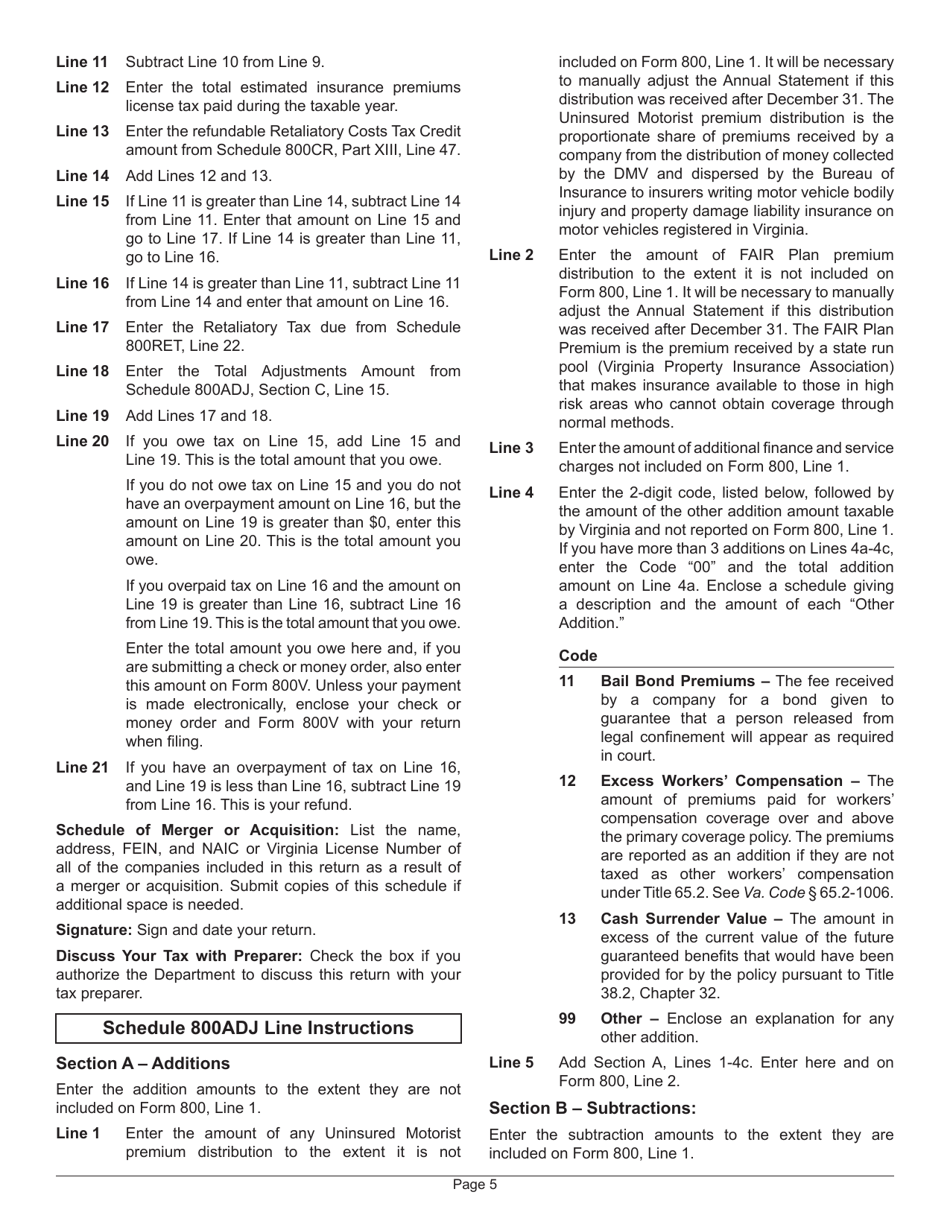 Instructions for Form 800 Virginia Insurance Premiums License Tax Return - Virginia, Page 9