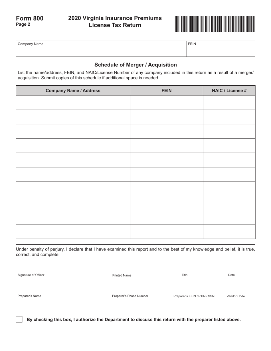 Form 800 Virginia Insurance Premiums License Tax Return - Virginia, Page 2