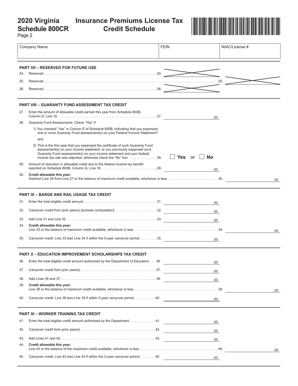 Schedule 800CR Insurance Premiums License Tax Credit Schedule - Virginia, Page 2
