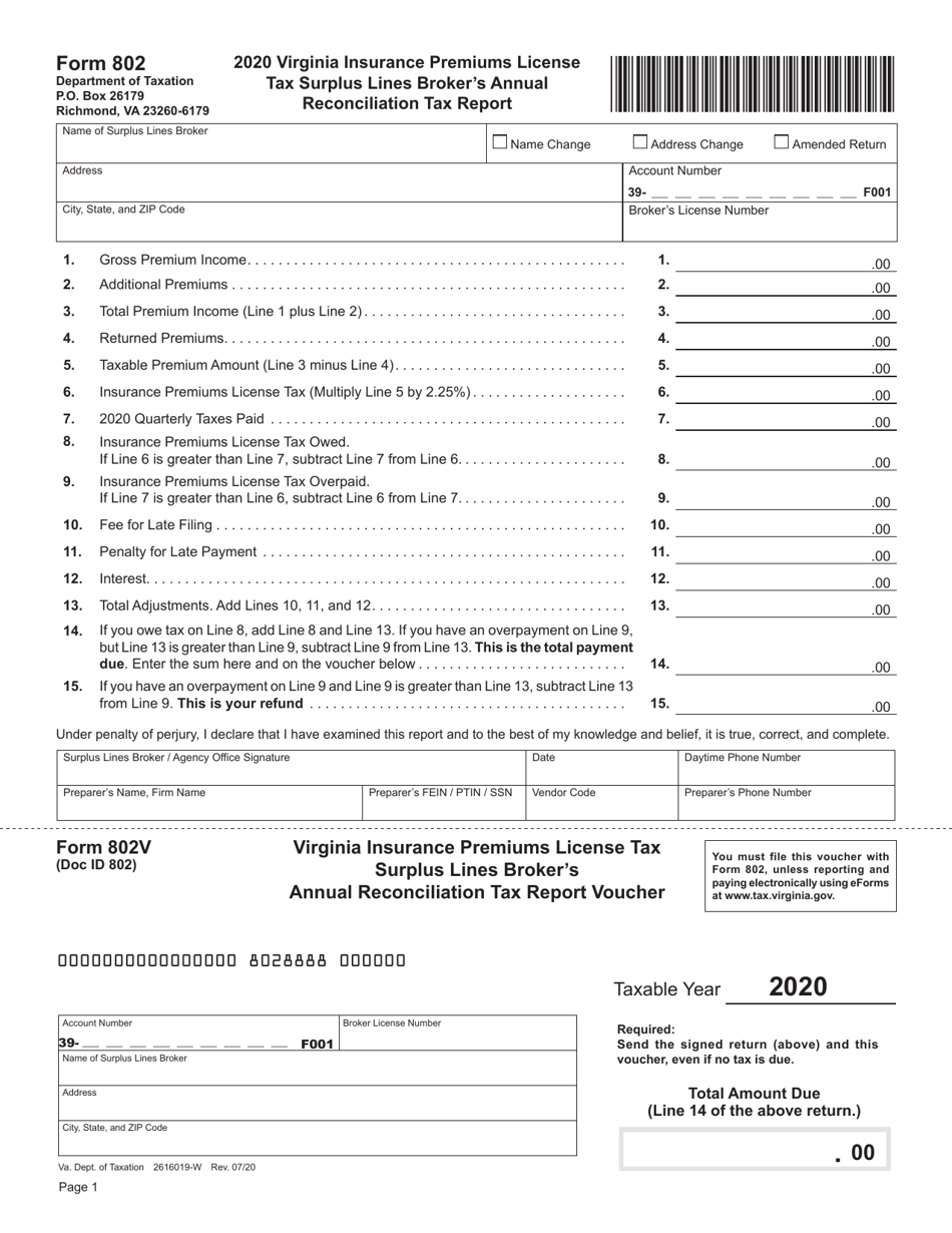 Form 802 Virginia Insurance Premiums License Tax Surplus Lines Brokers Annual Reconciliation Tax Report - Virginia, Page 1