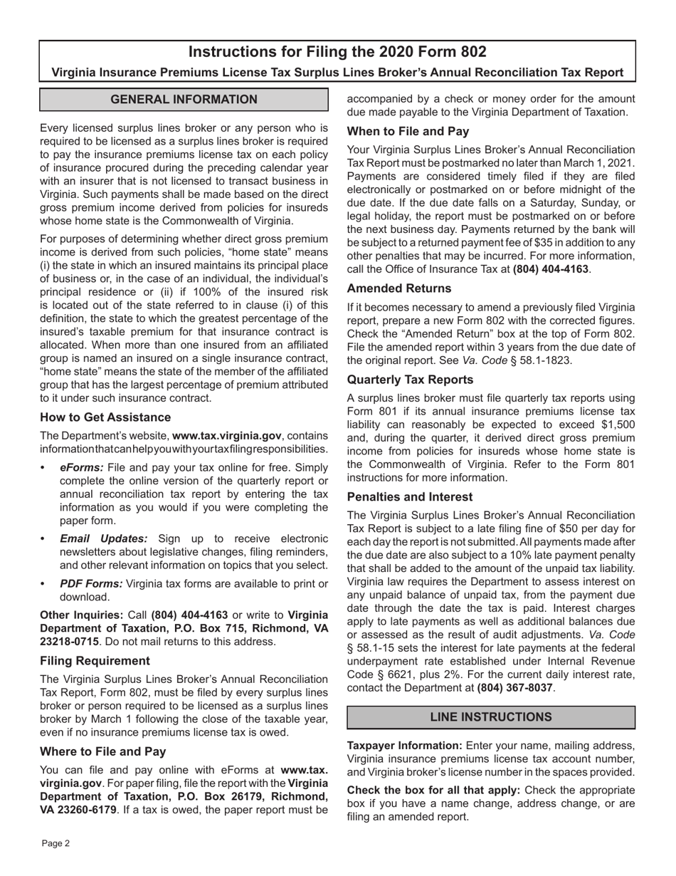 Form 802 Virginia Insurance Premiums License Tax Surplus Lines Brokers Annual Reconciliation Tax Report - Virginia, Page 3