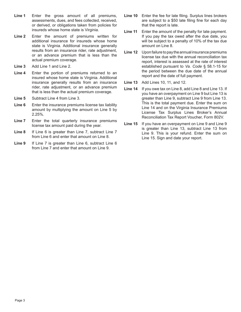 Form 802 Virginia Insurance Premiums License Tax Surplus Lines Brokers Annual Reconciliation Tax Report - Virginia, Page 4