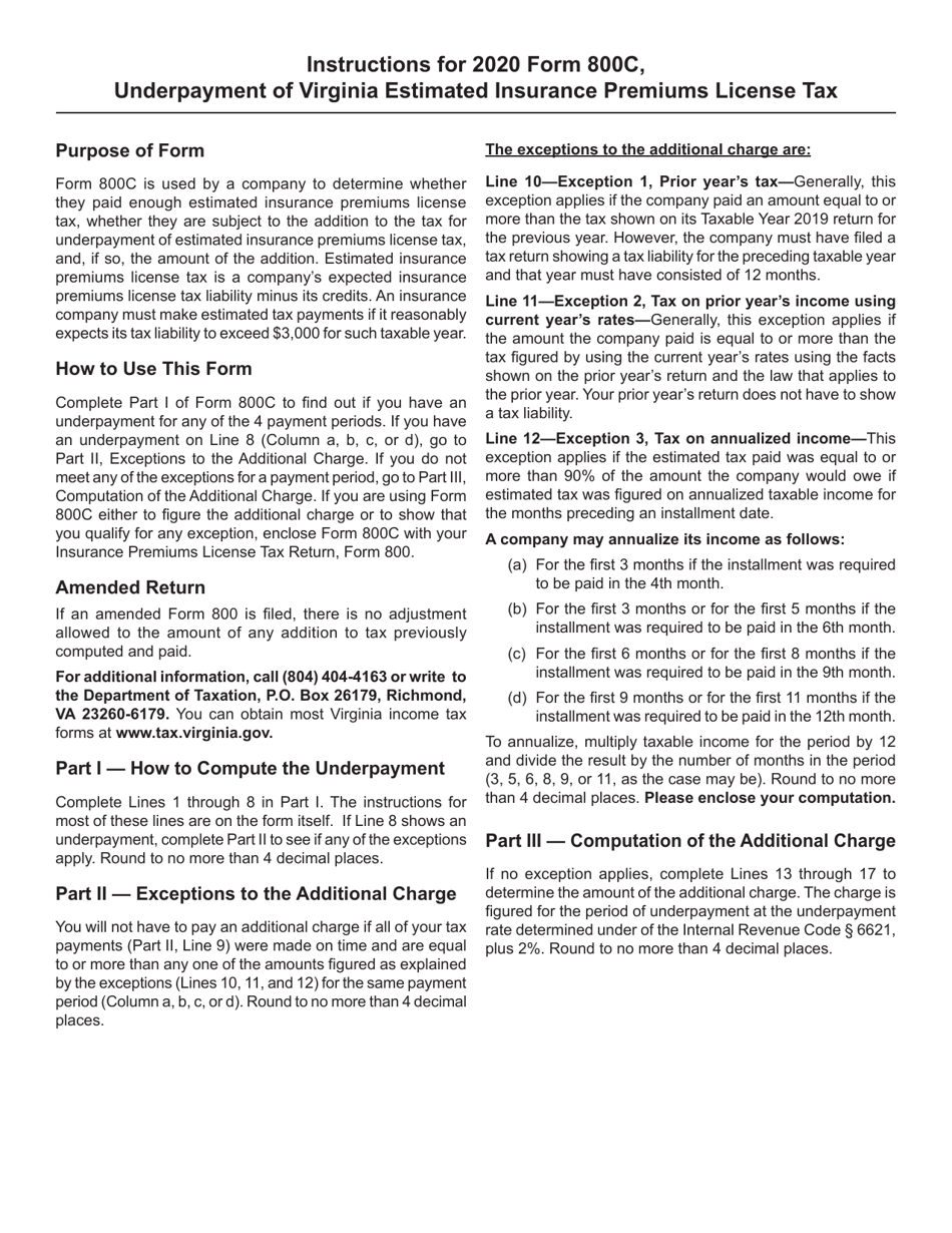 Form 800C Underpayment of Virginia Estimated Insurance Premiums License Tax - Virginia, Page 2