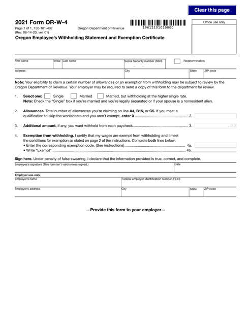 Form OR-W-4 (150-101-402) 2021 Printable Pdf