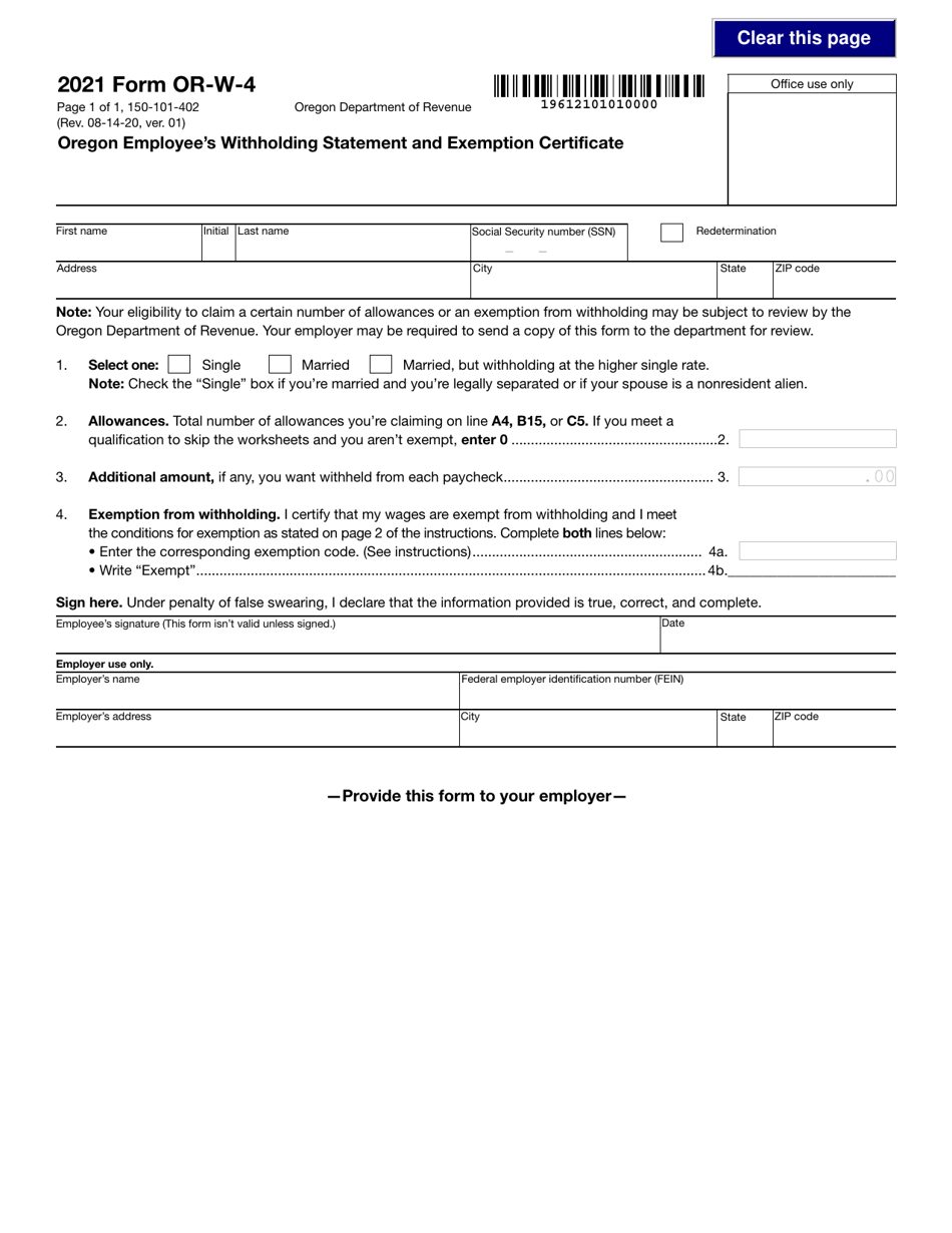 Form OR-W-4 (150-101-402) Oregon Employees Withholding Statement and Exemption Certificate - Oregon, Page 1