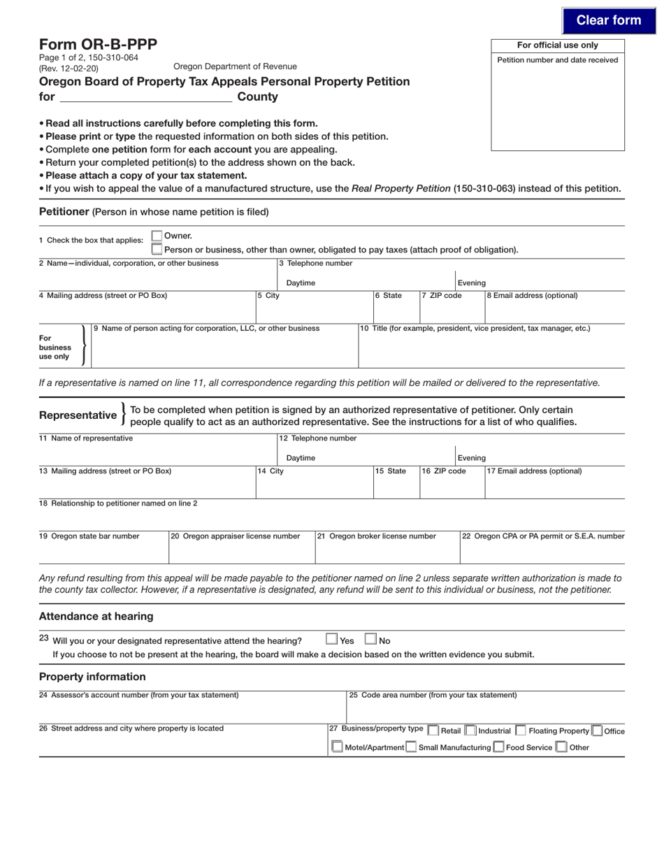 Form OR-B-PPP (150-310-064) Oregon Board of Property Tax Appeals Personal Property Petition - Oregon, Page 1