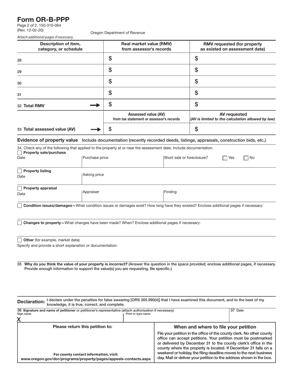 Form OR-B-PPP (150-310-064) Oregon Board of Property Tax Appeals Personal Property Petition - Oregon, Page 2