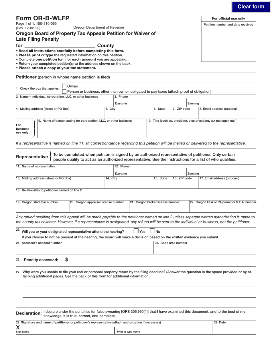 Form OR-B-WLFP (150-310-065) Oregon Board of Property Tax Appeals Petition for Waiver of Late Filing Penalty - Oregon, Page 1