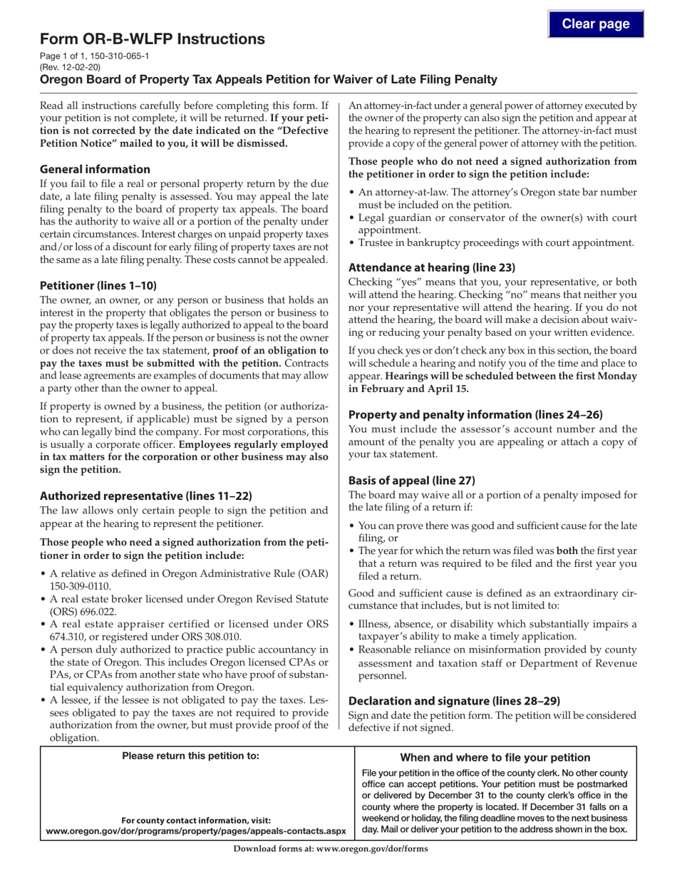 Download Instructions for Form ORBWLFP, 150310065 Oregon Board of