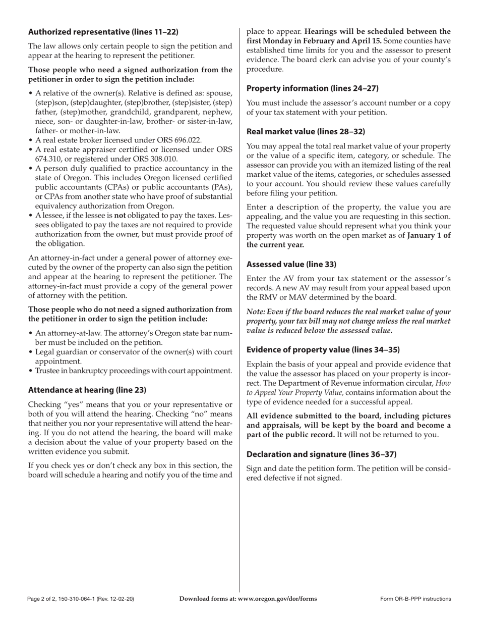 Instructions for Form OR-B-PPP, 150-310-064 Oregon Board of Property Tax Appeals Personal Property Petition - Oregon, Page 2