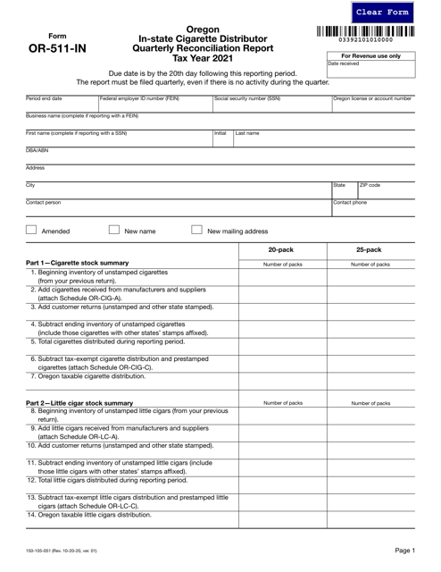 Form OR-511-IN (150-105-051) 2021 Printable Pdf