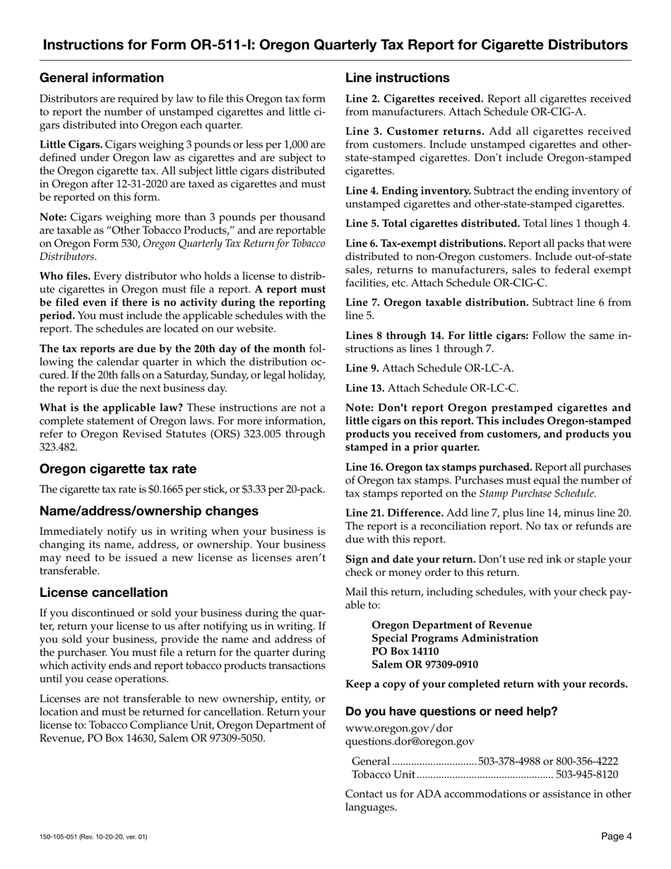 Form OR-511-IN (150-105-051) Oregon in-State Cigarette Distributor Quarterly Reconciliation Report - Oregon, Page 4