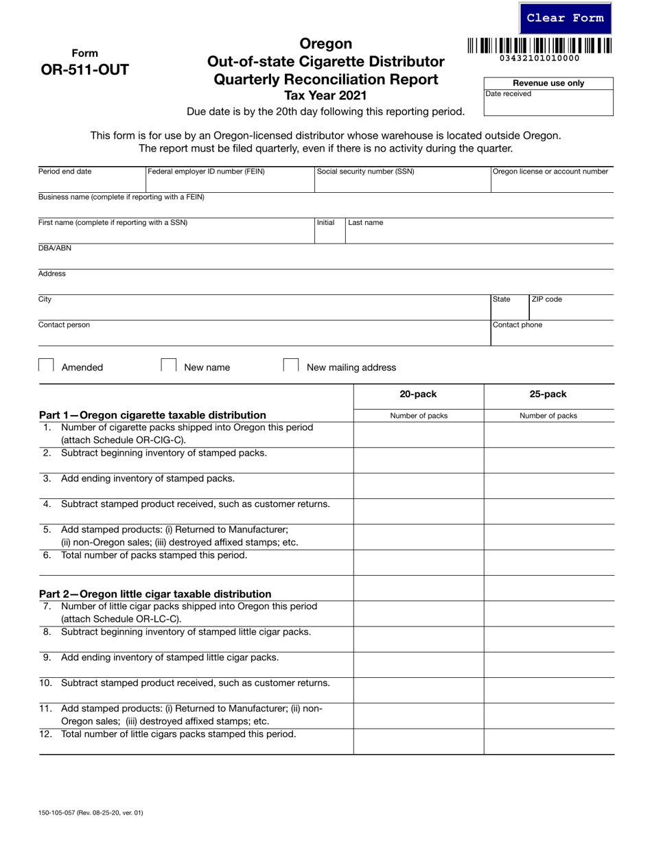 Form OR-511-OUT (150-105-057) Oregon Out-of-State Cigarette Distributor Quarterly Reconciliation Report - Oregon, Page 1