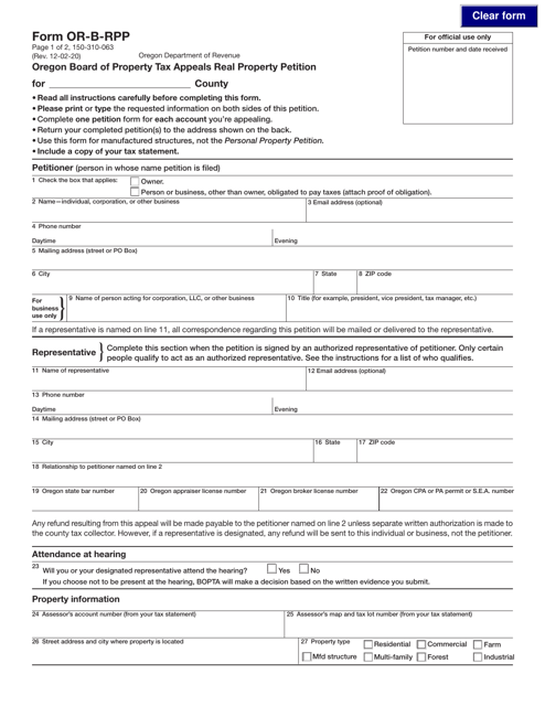 Form OR-B-RPP (150-310-063)  Printable Pdf