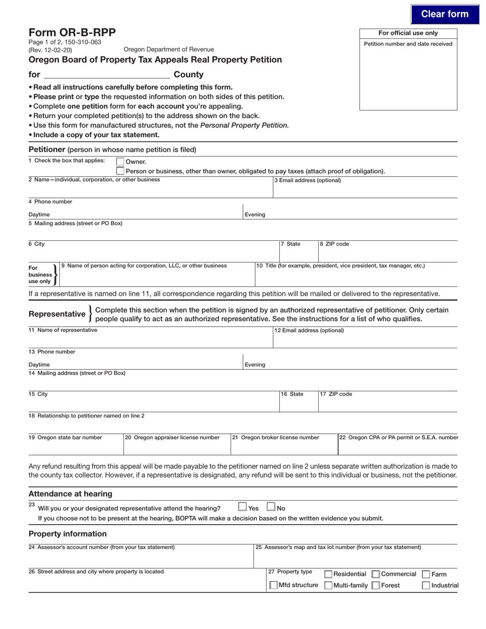 Form OR-B-RPP (150-310-063) Oregon Board of Property Tax Appeals Real Property Petition - Oregon, Page 1