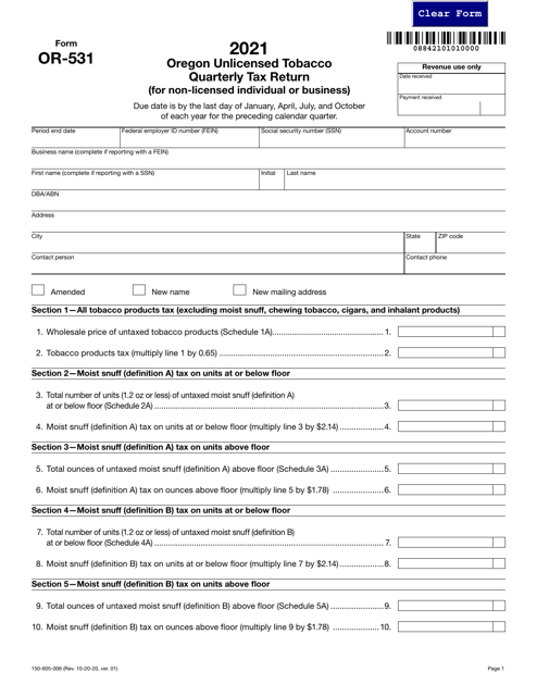 Form OR-531 (150-605-006) 2021 Printable Pdf