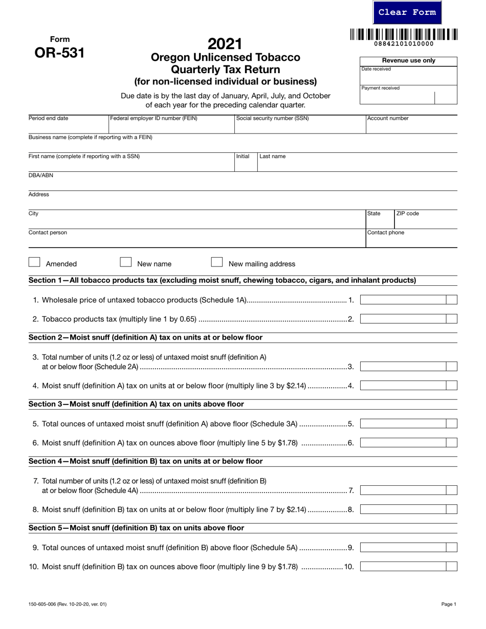 Form OR-531 (150-605-006) Oregon Unlicensed Tobacco Quarterly Tax Return (For Non-licensed Individual or Business) - Oregon, Page 1