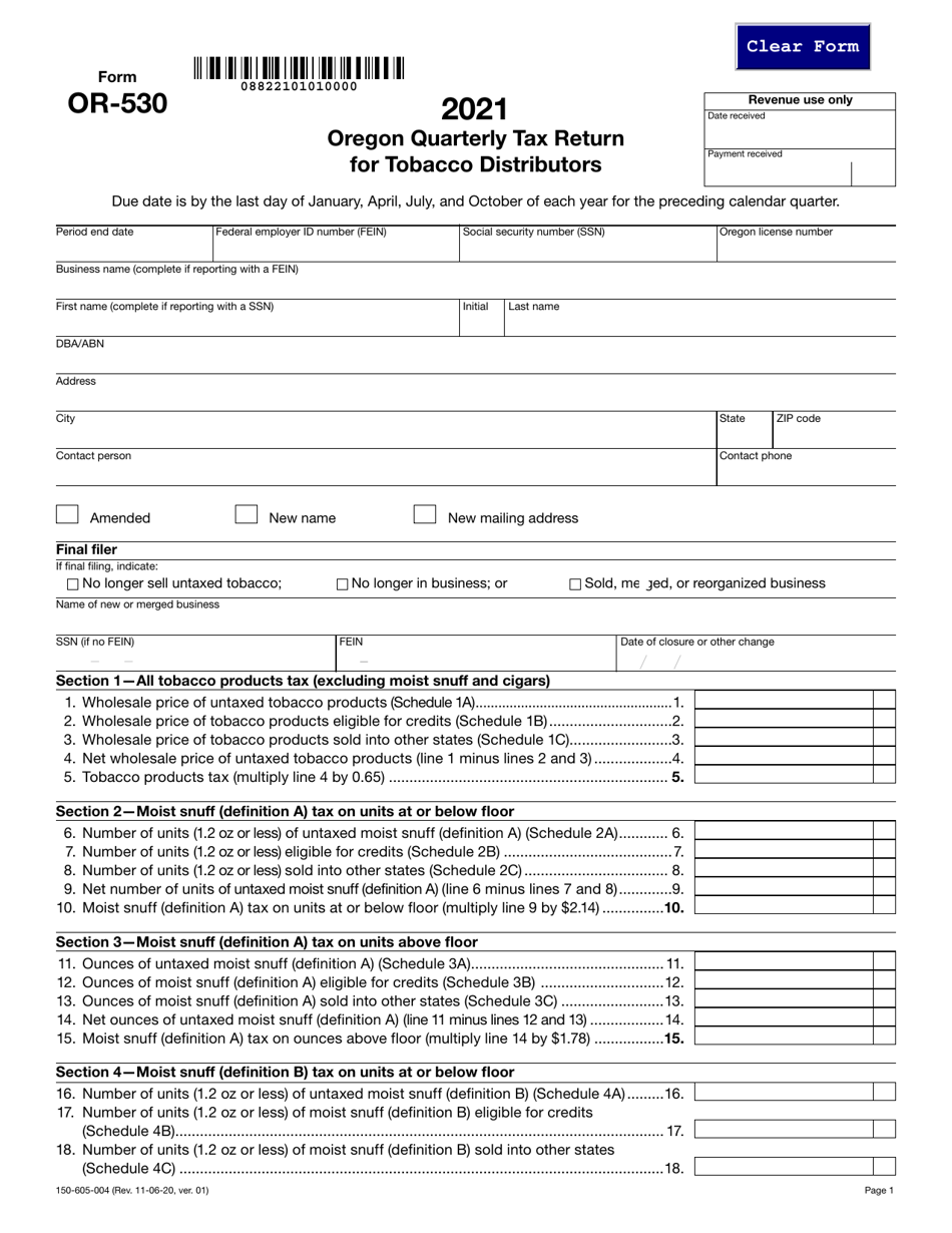 Form OR-530 (150-605-004) Oregon Quarterly Tax Return for Tobacco Distributors - Oregon, Page 1