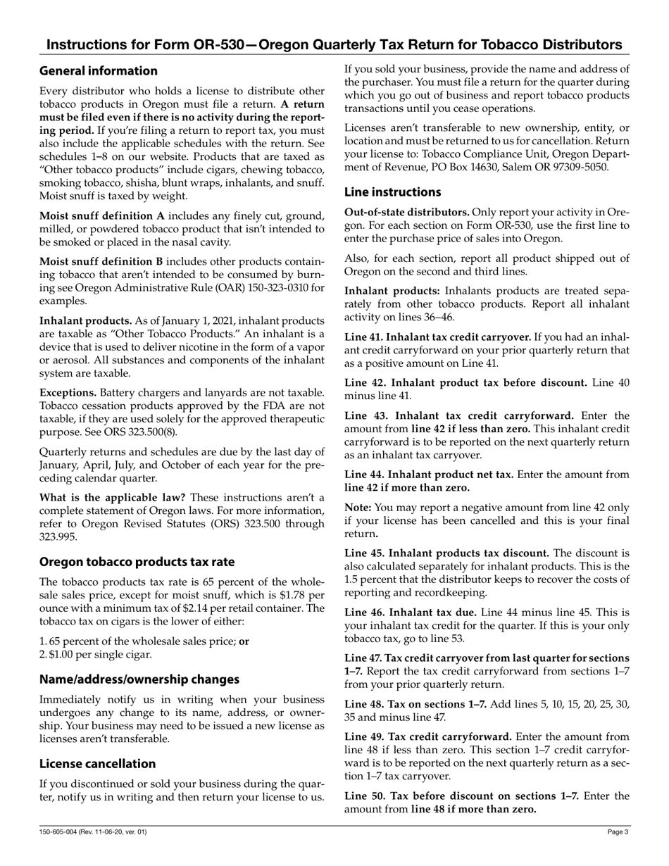 Form OR-530 (150-605-004) Oregon Quarterly Tax Return for Tobacco Distributors - Oregon, Page 3