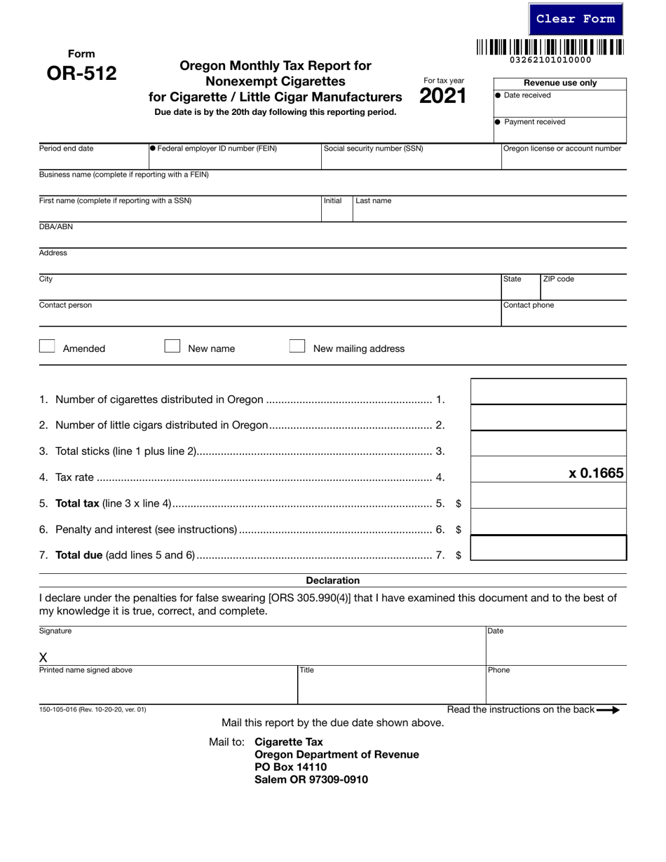 Form OR-512 (150-105-016) Oregon Monthly Tax Report for Nonexempt Cigarettes for Cigarette / Little Cigar Manufacturers - Oregon, Page 1