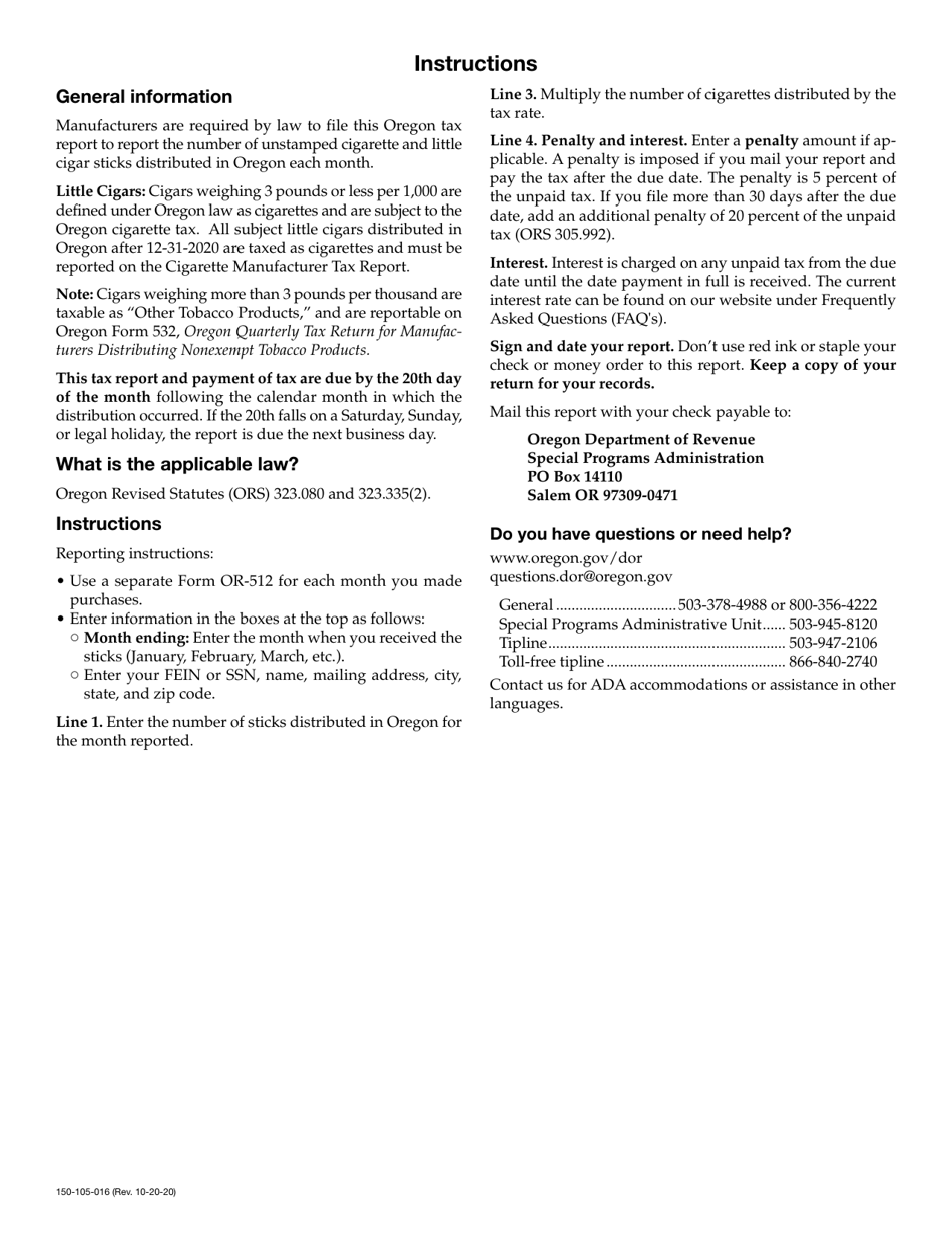 Form OR-512 (150-105-016) Oregon Monthly Tax Report for Nonexempt Cigarettes for Cigarette / Little Cigar Manufacturers - Oregon, Page 2