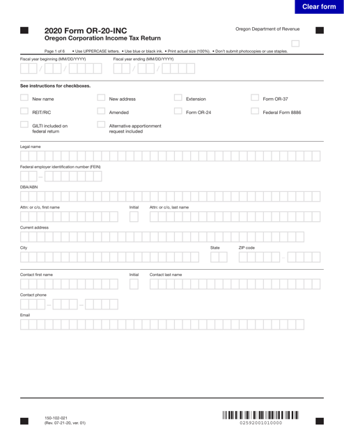 Form OR-20-INC (150-102-021) 2020 Printable Pdf